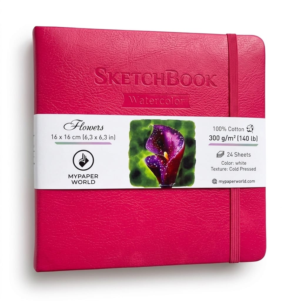 NEU Mypaperworld Magenta Aquarell Skizzenbuch, 300 g 100% Baumwolle, Kalt gepresst, 24 Blätter, 16x16cm